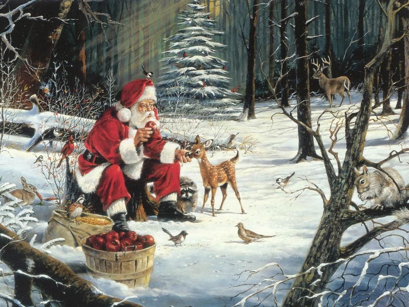Санта-Клаус с лесными зверями